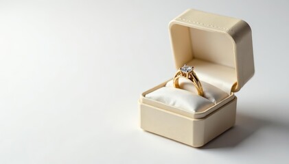 Elegant gold ring with diamond, nestled in a gift box, isolated on white ,  sparkle,  accessory