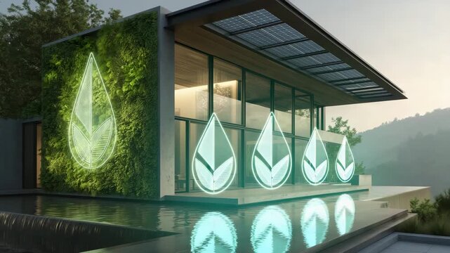 Modernes nachhaltiges Haus mit Solardach und animierten Energiesymbolen. K&uuml;nstliche Intelligenz KI