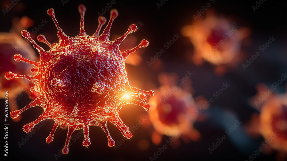 Poster microscopic menace: a dynamic rendering of a viral particle, with sharp details. capturing the intri