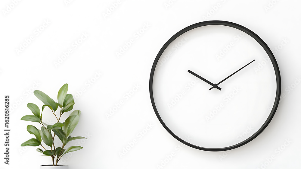Poster clean and modern design featuring a clock with a black frame and a minimalist white face beside a sm