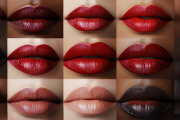 Obraz premium Closeup of nine different lips with various red and nude lipstick shades, glossy and matte textures, showcasing modern beauty trends.