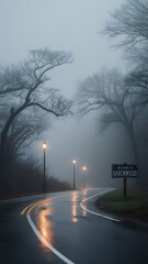 Winding wet road with streetlights and welcome sign in fog asphalt curve