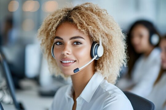 Call center customer service support woman with headset smiling in office business environment. Young professional agent working in communication team providing client assistance and advice