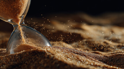 Time's Gentle Passage: An elegant hourglass stands as a symbol of time's continuous flow, with grains of sand cascading gracefully into a sandy landscape.
