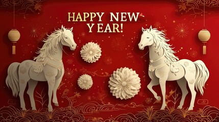 Two white paper cut horses on red background with happy new year text. Chinese zodiac animal for lunar new year.
