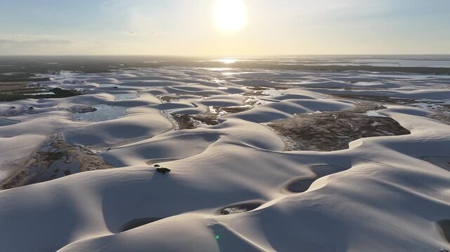 Sunset Lencois Maranhenses In Santo Amaro Maranhao Brazil. Beautiful Lagoons That Form In The Sand Dunes After The Rainy Season. Sunrise Sky Clouds Beach Sea. Sunrise Outdoor Beach .
