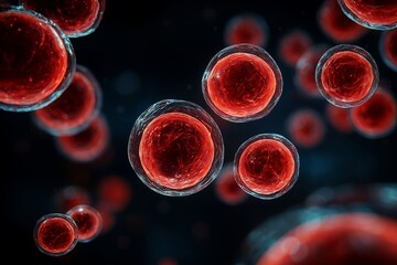 Microscopic view of red cells suspended in dark space highlighting their spherical shapes and vibrant colors