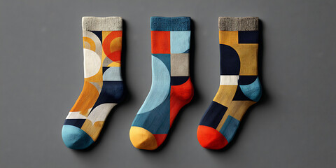 Three colorful geometric patterned socks arranged side by side on a plain background

