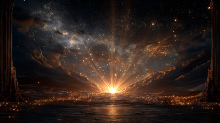 Golden Hour of Celestial Realms: Witness the radiant spectacle as golden light bursts forth, painting the cosmic expanse in hues of gold and grey, evoking a sense of wonder and limitless potential.