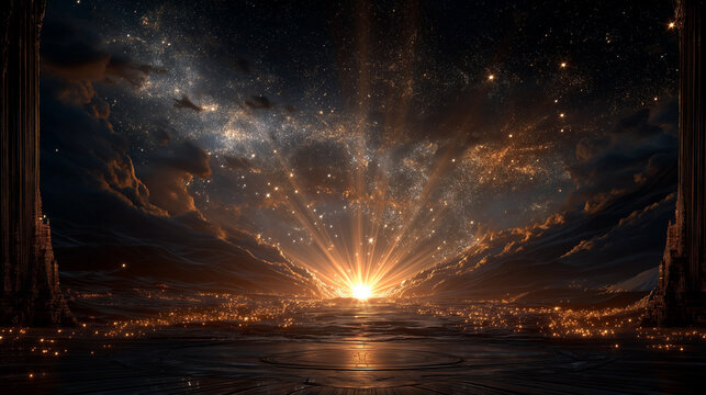 Golden Hour of Celestial Realms: Witness the radiant spectacle as golden light bursts forth, painting the cosmic expanse in hues of gold and grey, evoking a sense of wonder and limitless potential.
