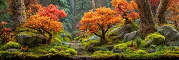 Utumnal forest scene with mossy rocks and a small stream flowing
