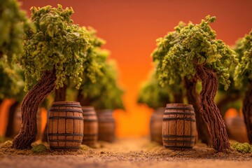 Vineyard with Wine Barrels and Grapevines at Sunset, Wine Production