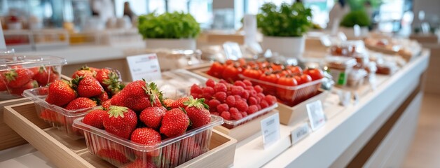 Fresh giant strawberries displayed in clear plastic packaging on supermarket shelves inviting customers to discover premium produce