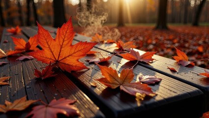 Vibrant orange maple leaves scattered on a wooden picnic table in autumn forest sunlight