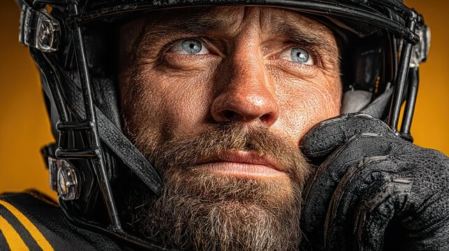 Close-up of a man wearing a football helmet, focused gaze, thoughtful expression