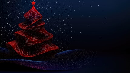 Digital red Christmas tree created from dots on a dark blue background with snow, for holiday greeting card.