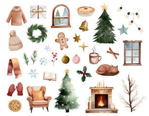 Big cozy christmas watercolor set. Hand drawn winter clipart. Xmas. Hot drinks, fireplace, trees, cat, socks, snowflakes, cookies