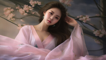 Portrait of a young woman in elegant traditional garment surrounded by beautiful cherry blossoms, evoking a serene and ethereal atmosphere
