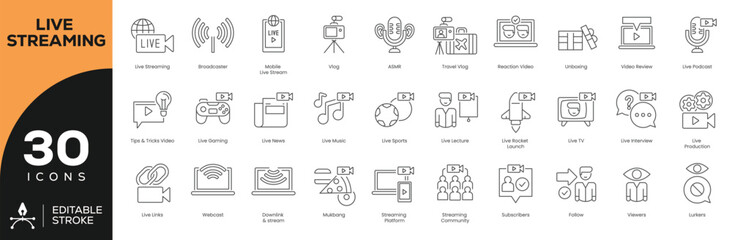 Live Streaming & Content Creation Icon Set - 30 Editable Stroke Vector Icons for Broadcasters, Gamers & Podcasters (Reactions, Subscribers, Webcasts)