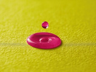 Pink liquid drop falling on a yellow surface, creating a ripple effect