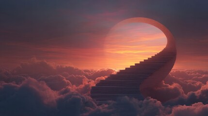 Stairway to heaven with clouds and sunset, spiritual journey concept