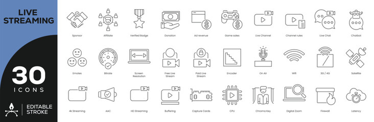 Live Streaming Technology Icon Set - 30 Editable Stroke Vector Icons for Broadcast Tech & Monetization (Capture Cards, Encoders, Ad Revenue, Latency)