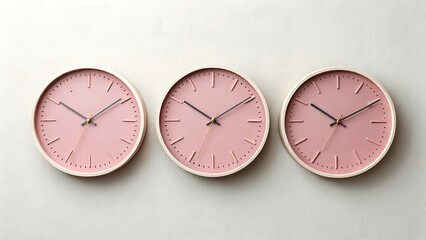 Three Pink Wall Clocks Displaying Different Times, Modern Minimalist Timekeeping Aesthetic for Home or Office Decor.