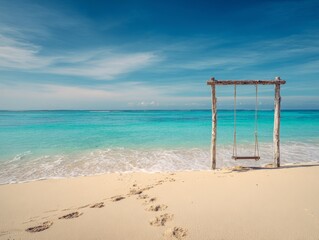 Serene coastal landscape featuring lone swing footprint trail and peaceful turquoise ocean waters