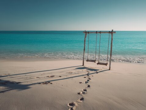 Simple beach composition with solitary swing sandy footprints and tranquil turquoise seascape