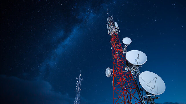 Communication Towers at Night: A network of towers under a starry sky, facilitating connectivity and communication in remote locations. - Powered by Adobe