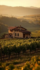 Charming farmhouse in a vineyard during sunset with scenic hills in the background