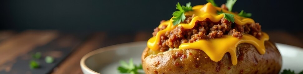 A baked potato topped with ground beef and melted cheese, warm and cozy, tender beef