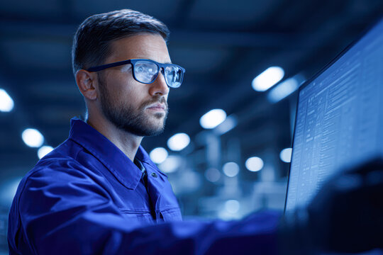 A focused technician analyzes data on a computer screen in a modern workspace, illuminated by soft blue lighting.