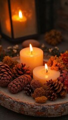 Warm candles surrounded by pinecones and autumn decorations on a wooden tray