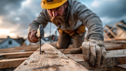 Focused worker hammering wood on a construction site, close-up