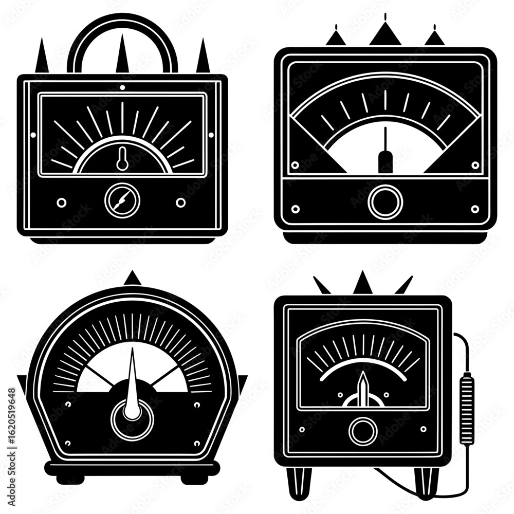Poster illustration of four different black and white analog meters with needles and scale indicators displ