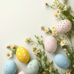 Colorful decorated Easter eggs scattered among daisies and greenery on a pale surface