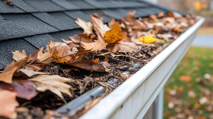 Gutter clogged with decaying leaves on roof. Protect your home and keep your gutters clean to prevent costly damage. Fall home maintenance.