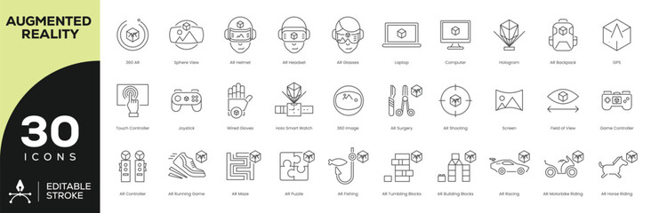 Augmented Reality (AR) Icon Set - 30 Editable Stroke Vector Icons for Gaming, Training & Interactive Experiences (Controllers, Puzzles, Racing, Navigation)