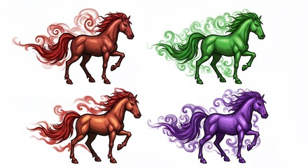 Four colored stylized horses with decorative manes and tails