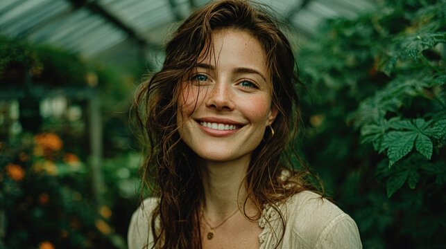 A woman with a happy expression, standing amidst lush greenery in a greenhouse setting - Powered by Adobe