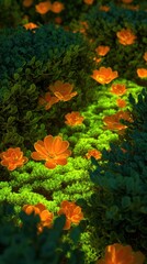 Orange flowers blooming among green bushes in a vibrant garden scene