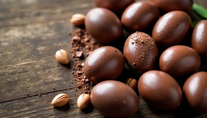 Obraz premium Assortment of dark & milk chocolate eggs, wood texture, sweet, egg, delicious