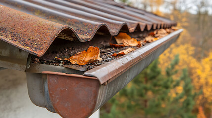 Clogged gutter with leaves on a roof, autumn season. Prevent water damage by cleaning gutters regularly. Home maintenance during fall.