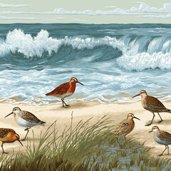 Illustration of shorebirds walking along a scenic beach with ocean waves