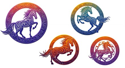 Four colorful horse silhouettes in circular design