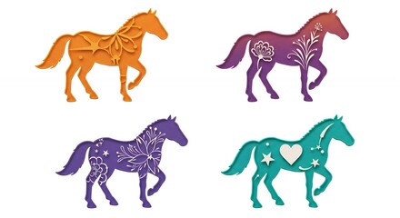 Four colorful horse silhouettes with decorative patterns