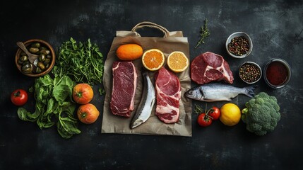 Fresh raw meat, fish, fruits, and vegetables arranged around reusable shopping bag on white background, healthy grocery shopping concept, top view flat lay




