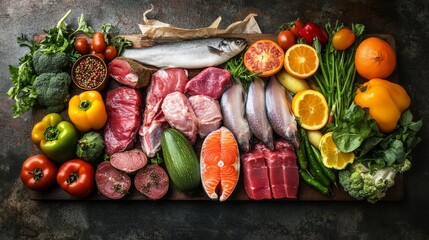 Fresh raw meat, fish, fruits, and vegetables arranged around reusable shopping bag on white background, healthy grocery shopping concept, top view flat lay




