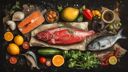 Fresh raw meat, fish, fruits, and vegetables arranged around reusable shopping bag on white background, healthy grocery shopping concept, top view flat lay





